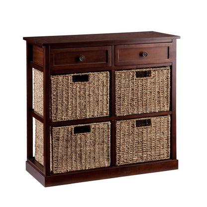 Mahogany and Seagrass Basket Storage Shelving Unit HomeRoots