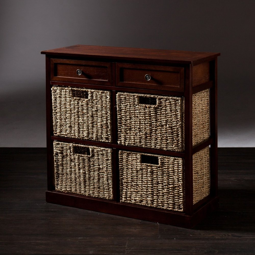 Mahogany and Seagrass Basket Storage Shelving Unit HomeRoots