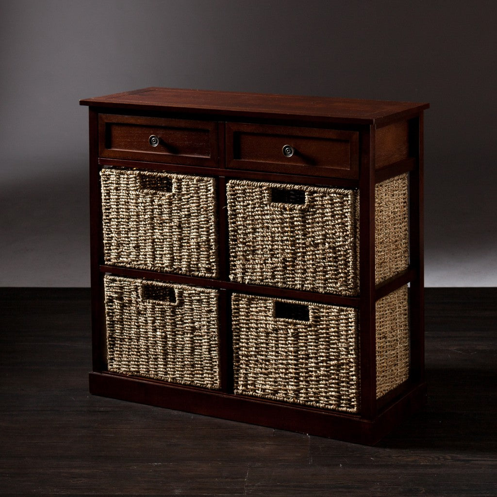 Mahogany and Seagrass Basket Storage Shelving Unit