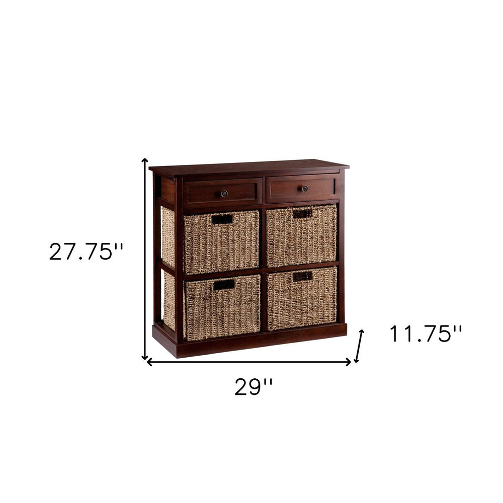 Mahogany and Seagrass Basket Storage Shelving Unit HomeRoots