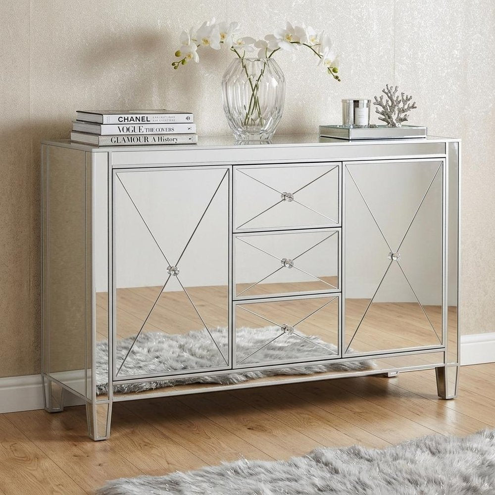 50" Silver Wood and Glass Three Drawer Credenza with Two Doors HomeRoots