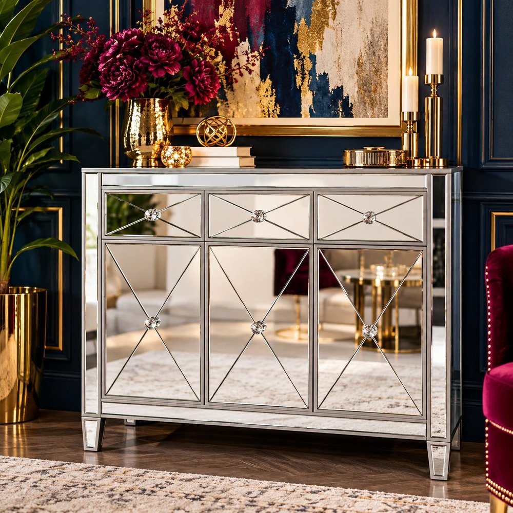 40" Silver Glass Three Drawer Sideboard with Three Doors — view 11