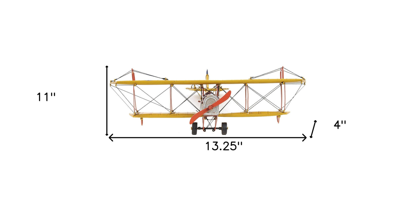 4" Yellow Metal Hand Painted Model Airplane Tabletop Sculpture