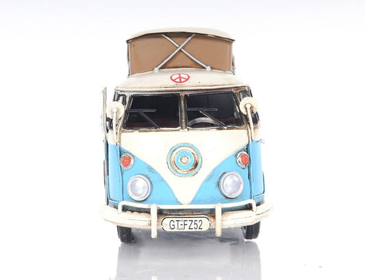 6" Blue And White Metal Volkswagen Bus Sculpture