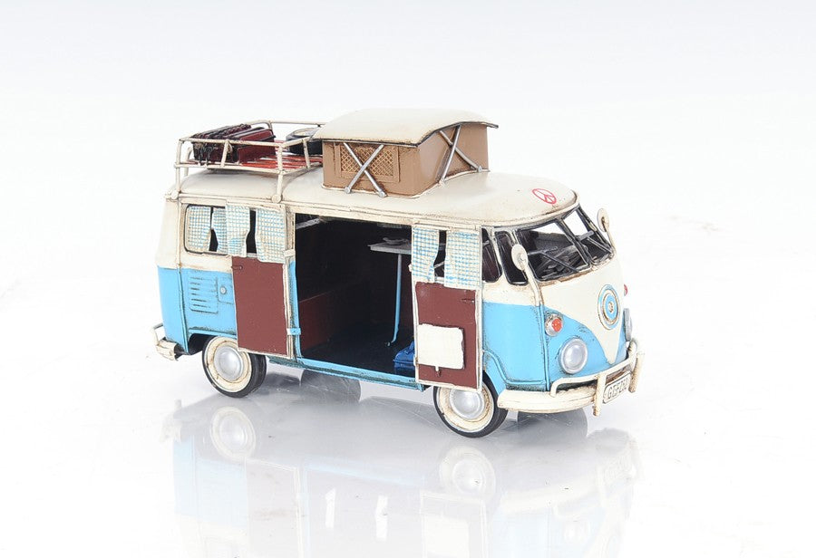 6" Blue And White Metal Volkswagen Bus Sculpture