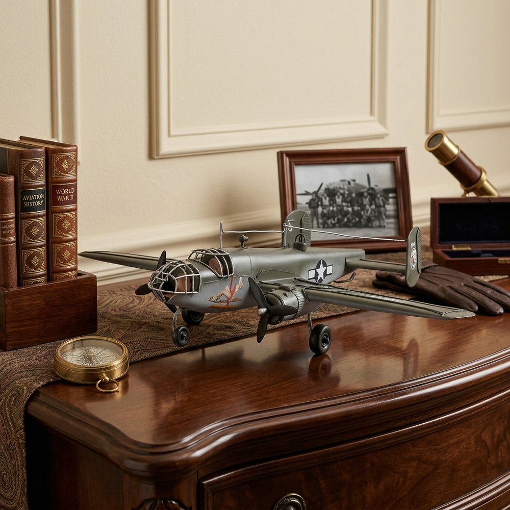 4" Gray and White Metal Hand Painted c1941 North American B-25 Mitchell Bomber Model Airplane HomeRoots