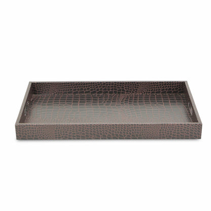 19" Brown Faux Leather Crocodile Finish Serving Tray With Handles