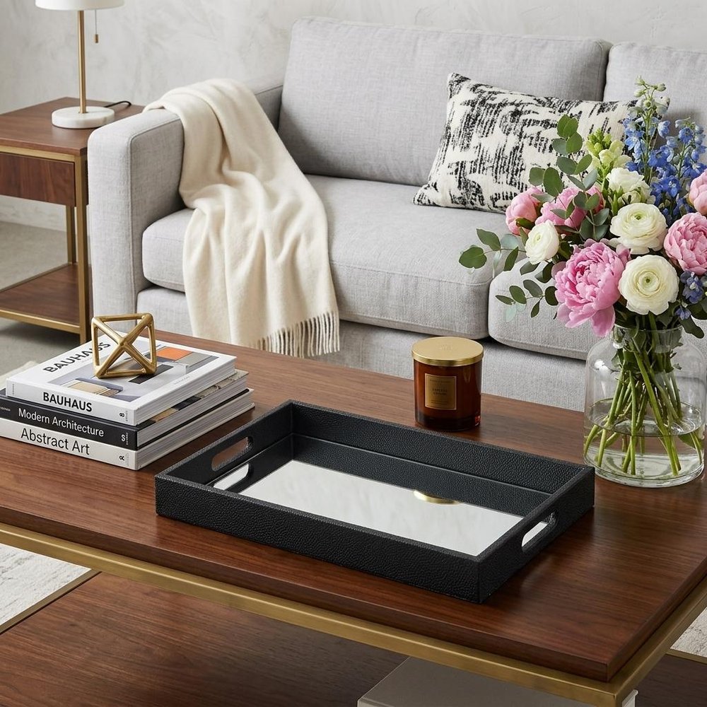 Black Shagreen Tray with Beveled Mirror HomeRoots