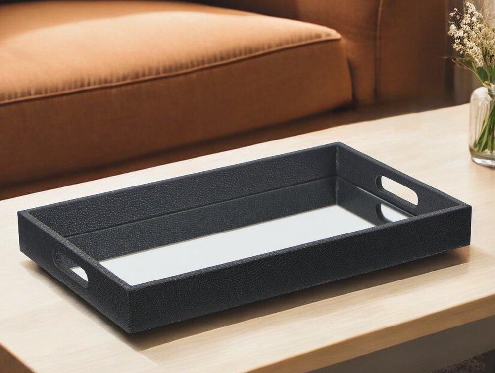 Black Shagreen Tray with Beveled Mirror HomeRoots
