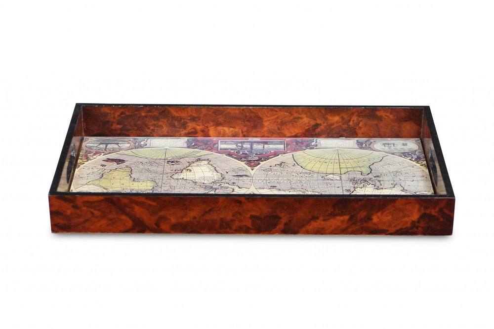 World Map Vintage Burlwood Serving Tray HomeRoots