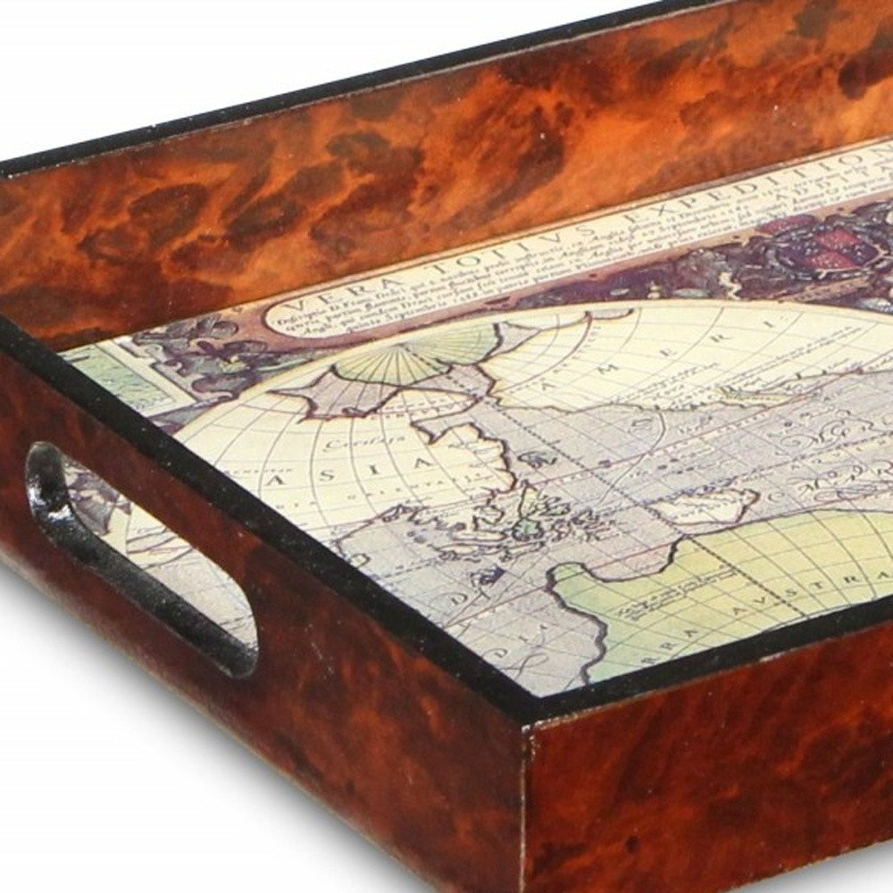 World Map Vintage Burlwood Serving Tray HomeRoots