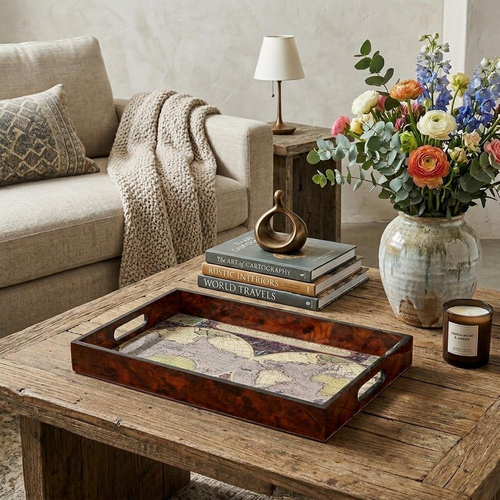 World Map Vintage Burlwood Serving Tray HomeRoots
