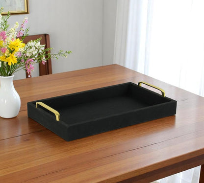 16" Black Wood And Linen Serving Tray With Handles HomeRoots