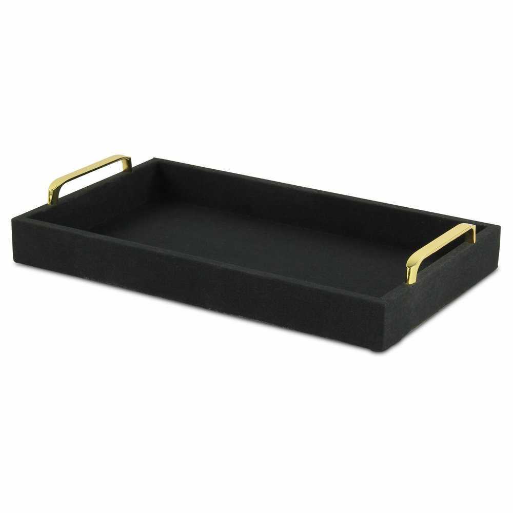 16" Black Wood And Linen Serving Tray With Handles HomeRoots