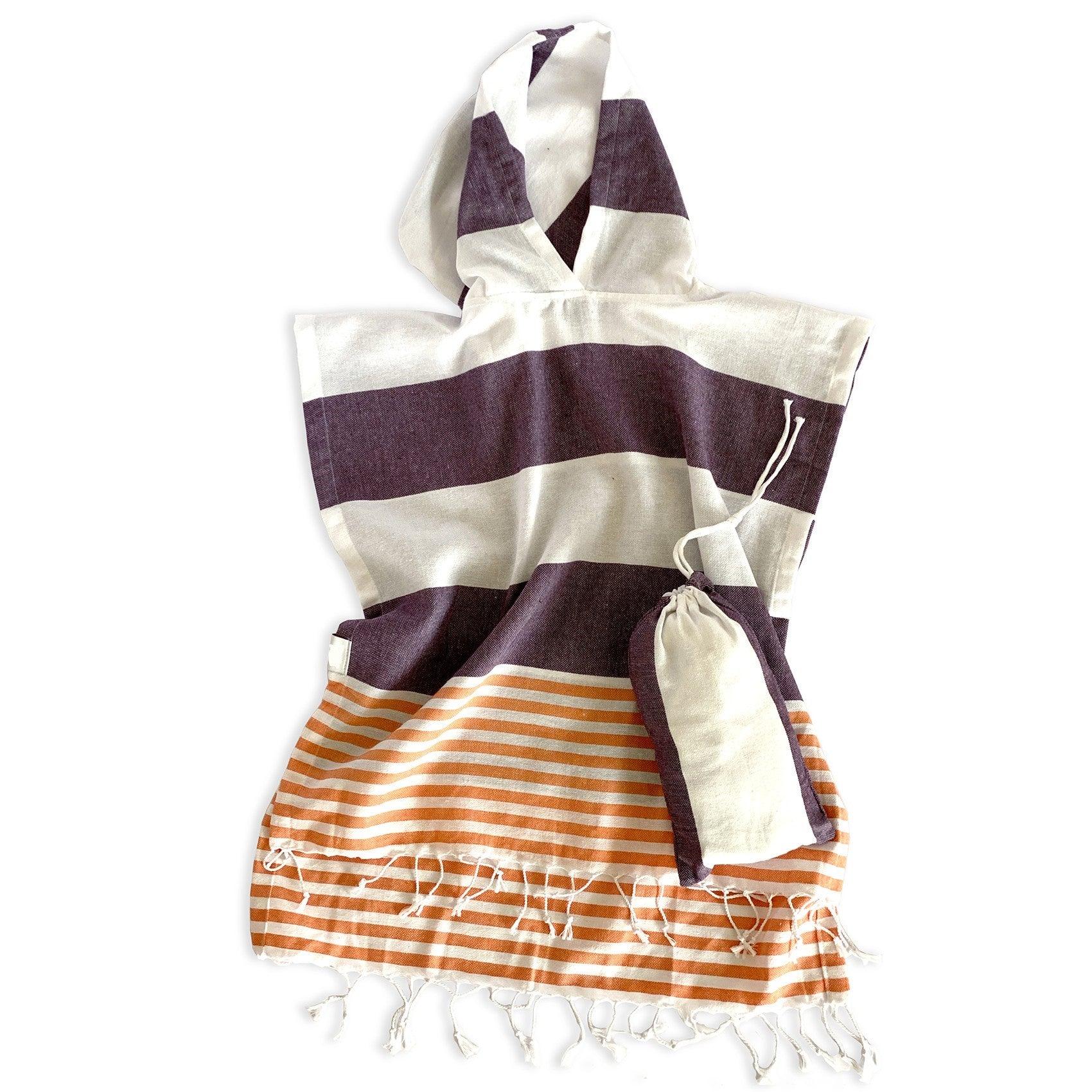 Dark Purple Orange and White Striped Design Poncho Towel - FurniFindUSA