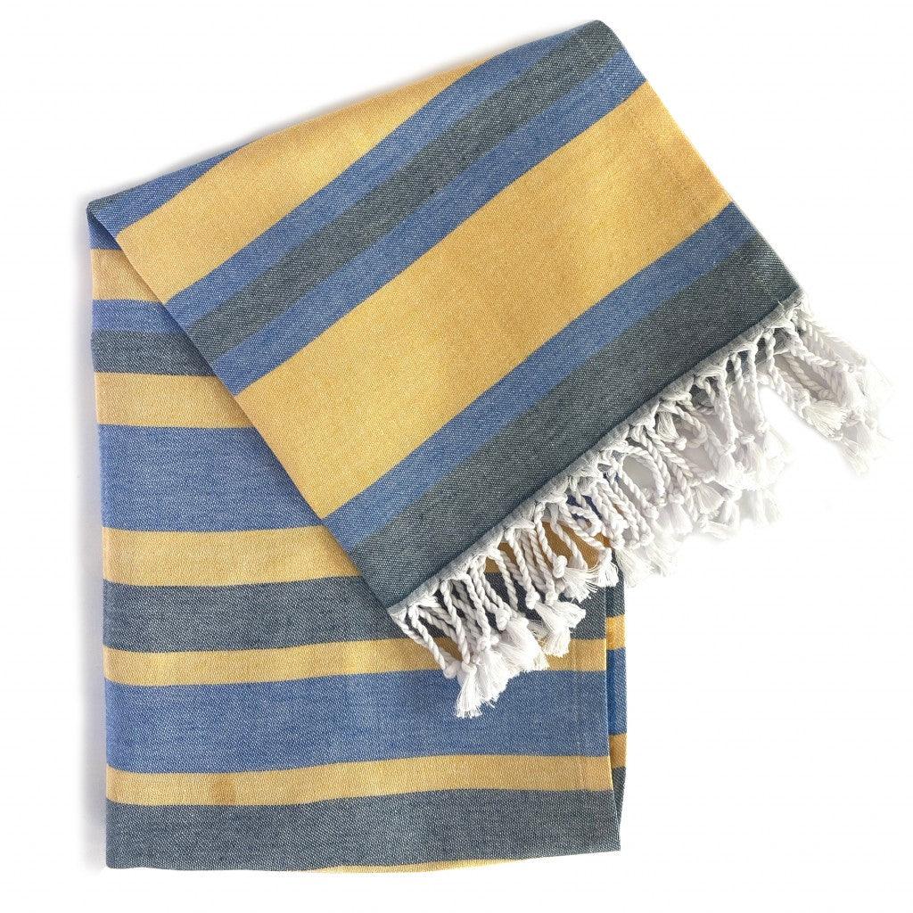 Denim and Yellow Striped Design Turkish Beach Blanket - FurniFindUSA