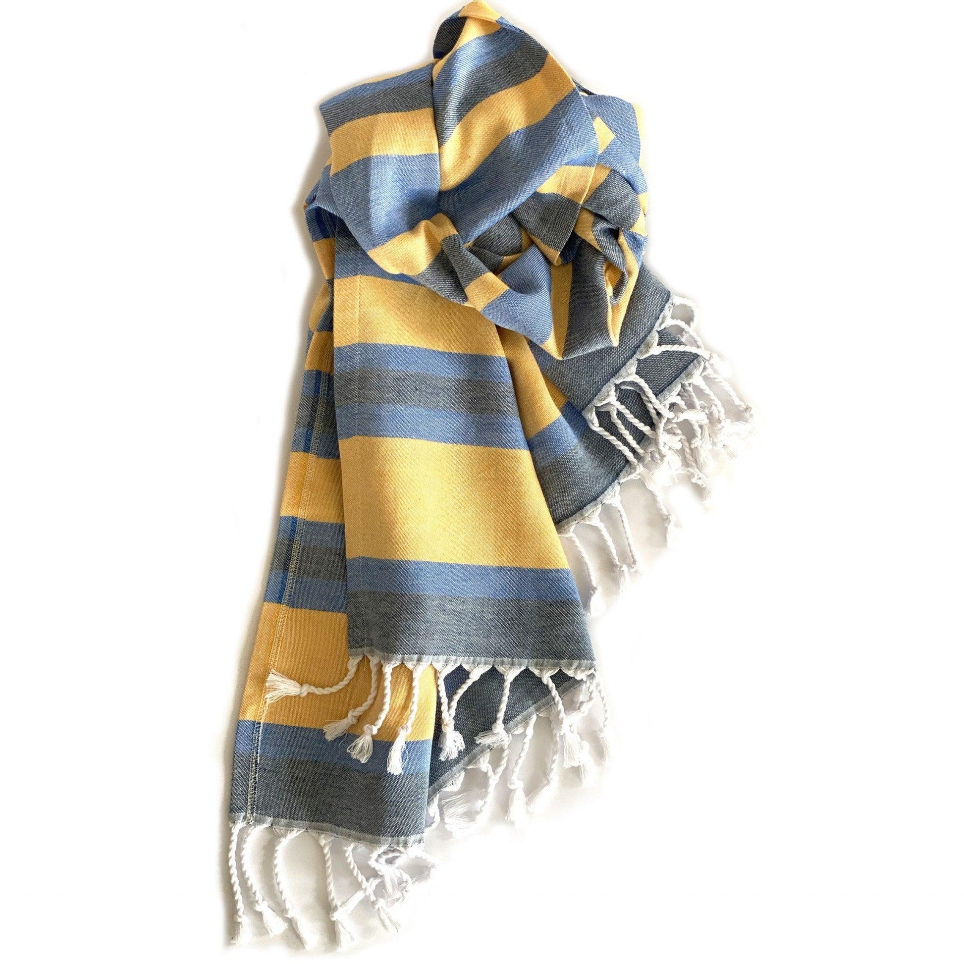 Denim and Yellow Striped Design Turkish Beach Blanket - FurniFindUSA