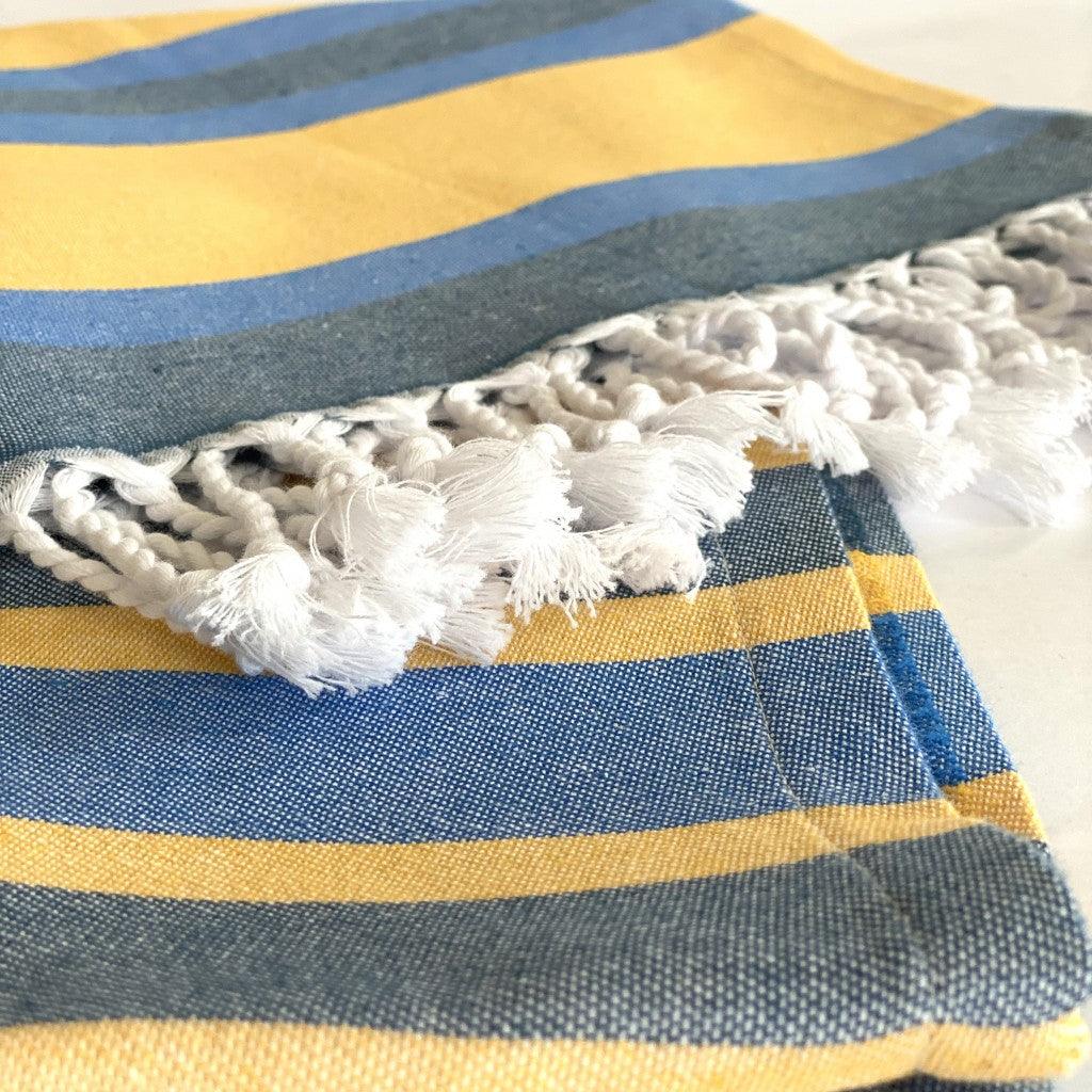 Denim and Yellow Striped Design Turkish Beach Blanket - FurniFindUSA