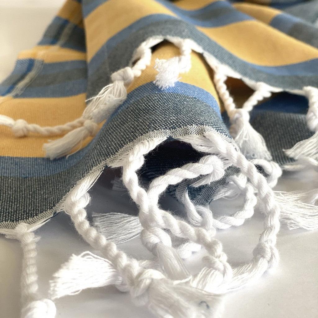 Denim Blue and Yellow Striped Turkish Towel Beach Blanket - FurniFindUSA
