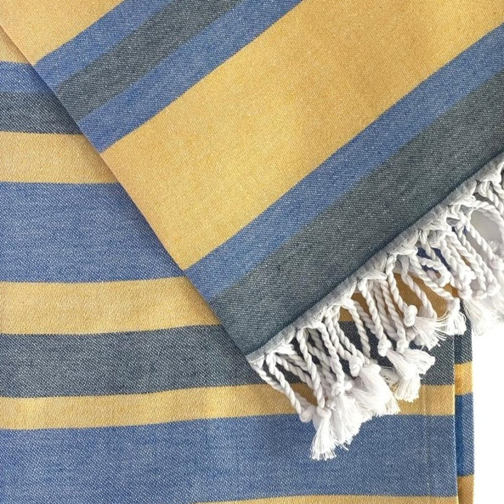Denim Blue and Yellow Striped Turkish Towel Beach Blanket HomeRoots