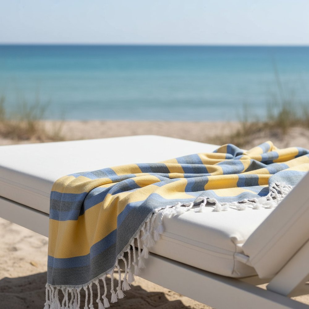 Denim Blue and Yellow Striped Turkish Towel Beach Blanket — view 5