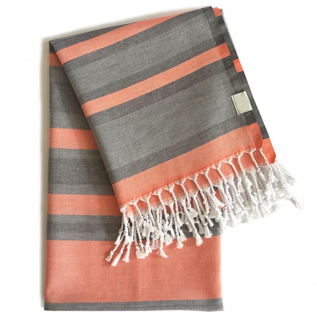 Peach and Dark Grey Striped Design Turkish Beach Blanket - FurniFindUSA