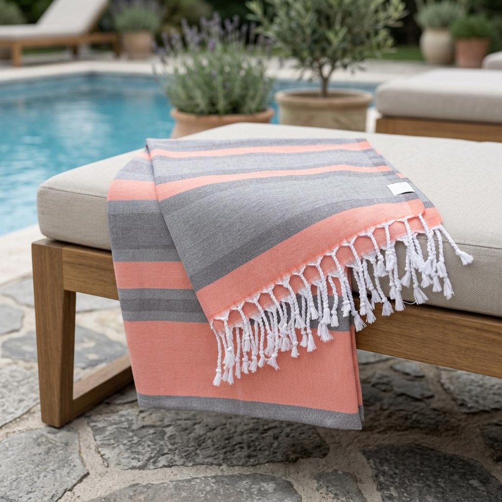 Peach and Dark Grey Striped Design Turkish Beach Blanket HomeRoots