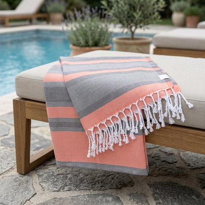 Peach and Dark Grey Striped Design Turkish Beach Blanket HomeRoots