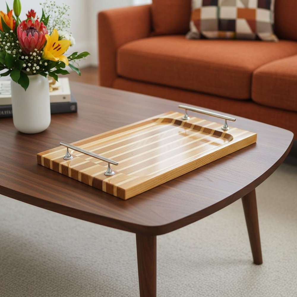 15" Brown And Natural Solid Wood Striped Serving Tray With Handles — view 6