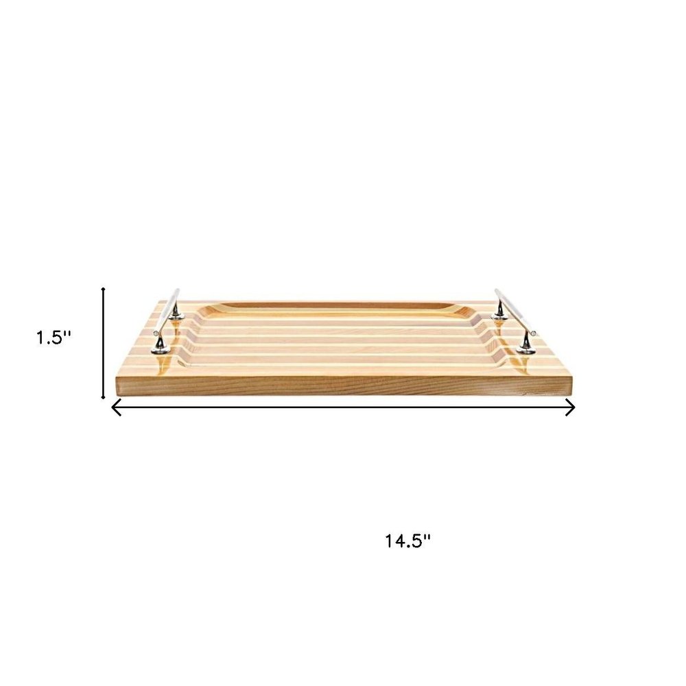 15" Brown And Natural Solid Wood Striped Serving Tray With Handles — view 3