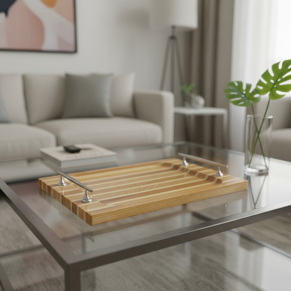 15" Brown And Natural Solid Wood Striped Serving Tray With Handles — view 4