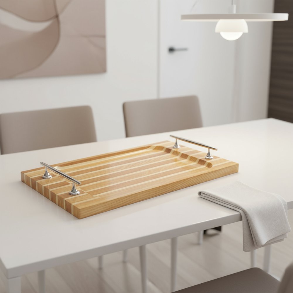 15" Brown And Natural Solid Wood Striped Serving Tray With Handles — view 5