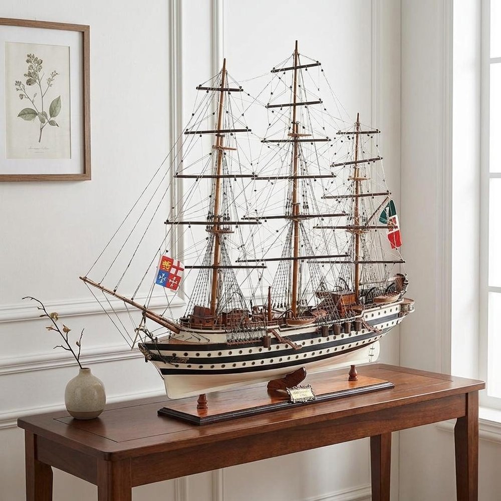 32" Black And White Solid Wood Hand Painted Boat Model Boat HomeRoots