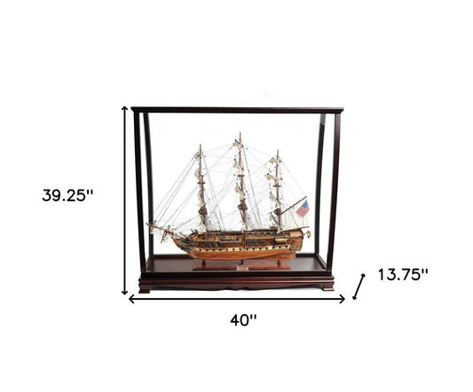 39" Wood Brown Solid Wood Hand Painted 1797 USS Constitution Large Table Top Display Case Model Boat HomeRoots