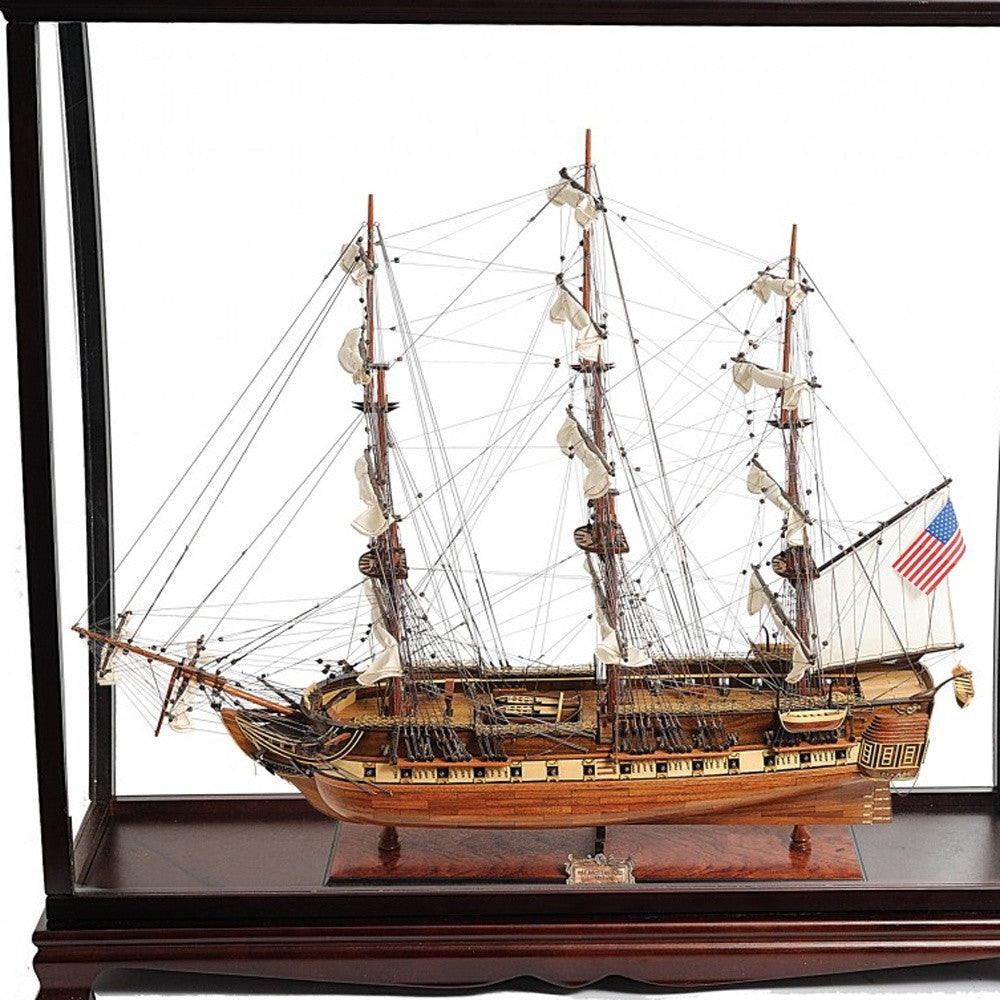 39" Wood Brown Solid Wood Hand Painted 1797 USS Constitution Large Table Top Display Case Model Boat