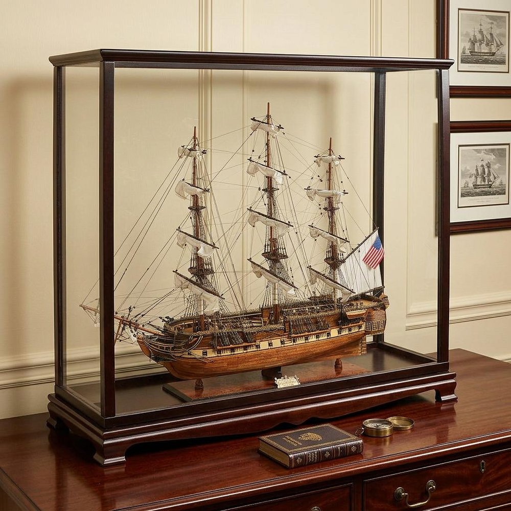 39" Wood Brown Solid Wood Hand Painted 1797 USS Constitution Large Table Top Display Case Model Boat HomeRoots