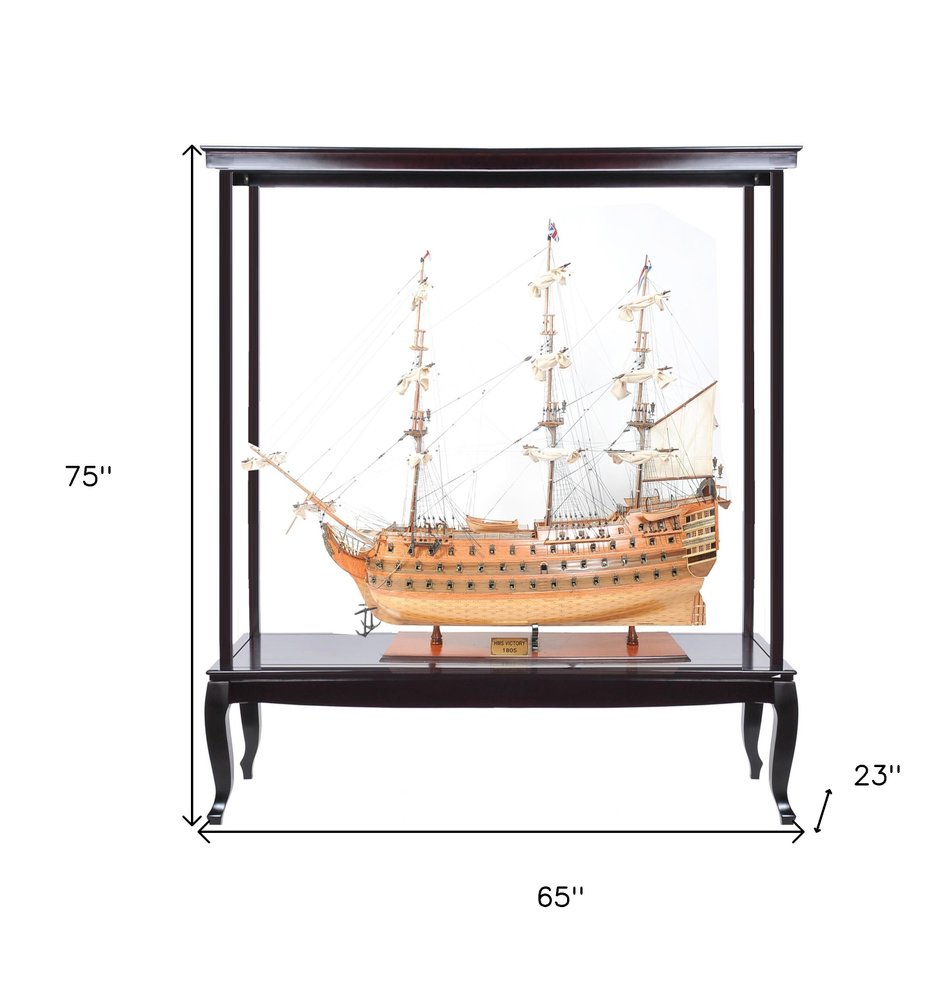 75" Black And Light Brown Solid Wood HMS Victory Boat Tabletop Sculpture With Case HomeRoots