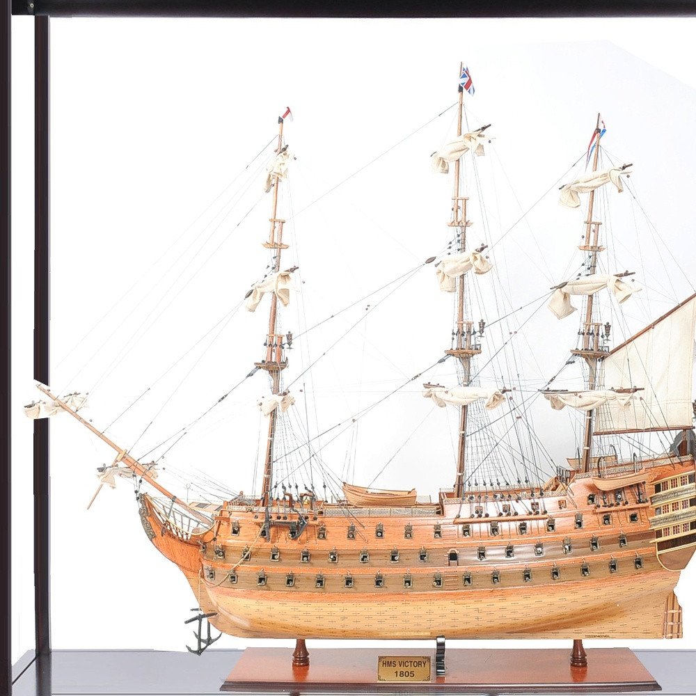 75" Black And Light Brown Solid Wood HMS Victory Boat Tabletop Sculpture With Case HomeRoots