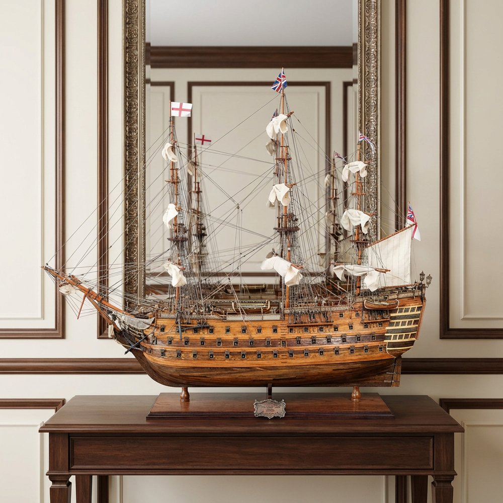 27" Wood Brown Solid Wood Hand Painted Model Boat Tabletop Sculpture HomeRoots
