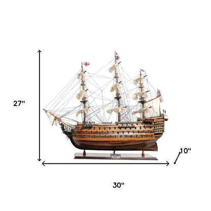27" Wood Brown Solid Wood Hand Painted Model Boat Tabletop Sculpture HomeRoots