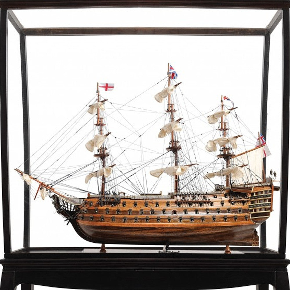 30" Wood Brown Solid Wood Hand Painted HMS Victory Medium Open Front Display Case Model Boat