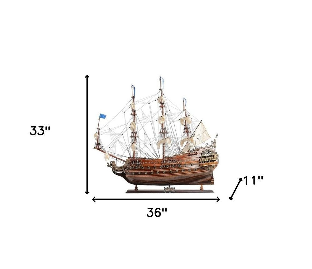 33" Brown Solid Wood Hand Painted Boat Model Boat HomeRoots