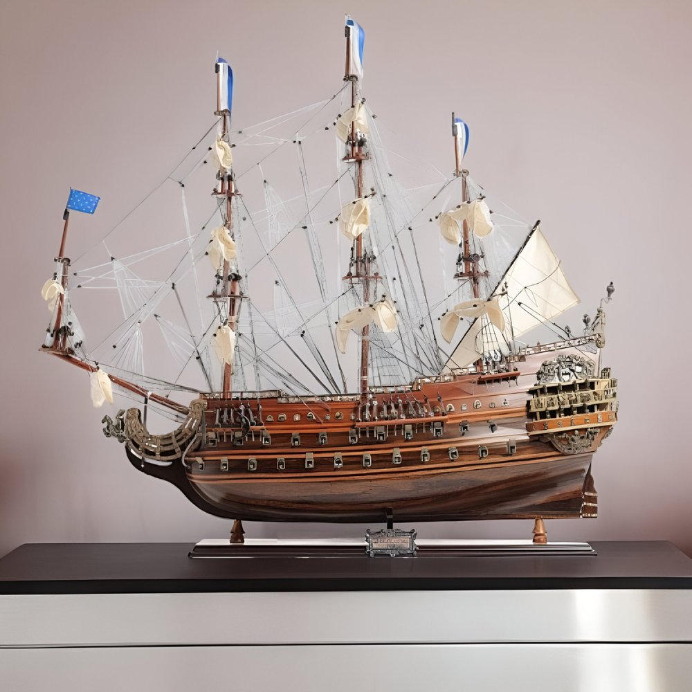 33" Brown Solid Wood Hand Painted Solei Royal Model Boat HomeRoots