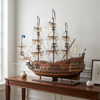 33" Brown Solid Wood Hand Painted Boat Model Boat HomeRoots