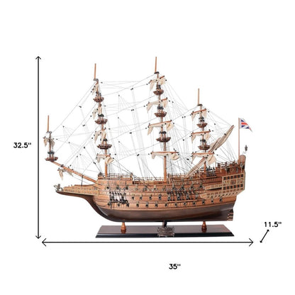 33" Wood Brown Sovereign of the Seas Hand Painted Boat Sculpture HomeRoots
