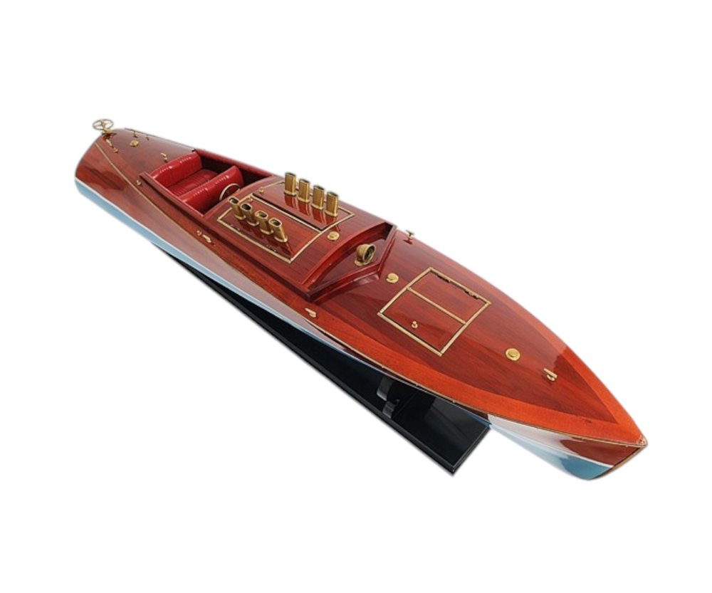 9" Blue and Brown Solid Wood Hand Painted Model Boat Tabletop Sculpture HomeRoots