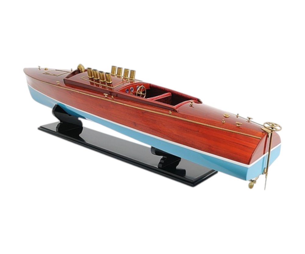 9" Blue and Brown Solid Wood Hand Painted Model Boat Tabletop Sculpture HomeRoots