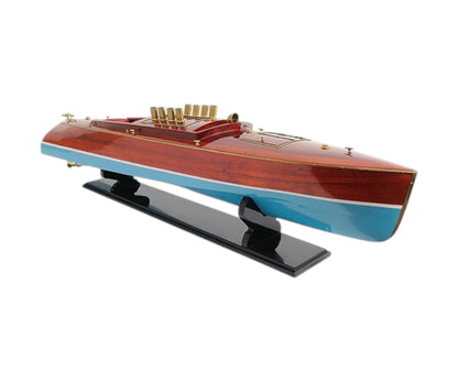 9" Blue and Brown Solid Wood Hand Painted Model Boat Tabletop Sculpture