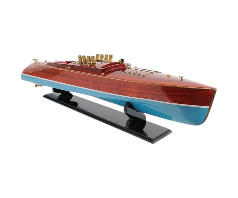 9" Blue and Brown Solid Wood Hand Painted Model Boat Tabletop Sculpture HomeRoots