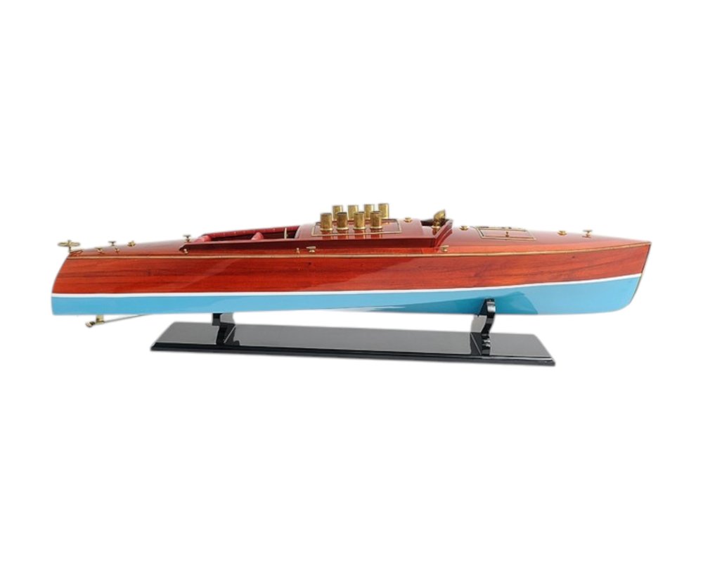 9" Blue and Brown Solid Wood Hand Painted Model Boat Tabletop Sculpture HomeRoots